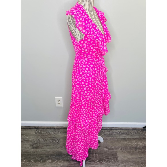 Lulu's Cornelia Pink Floral Ruffle Wrap Dress Women Sm Barbiecore Brunch Femme - Picture 3 of 12